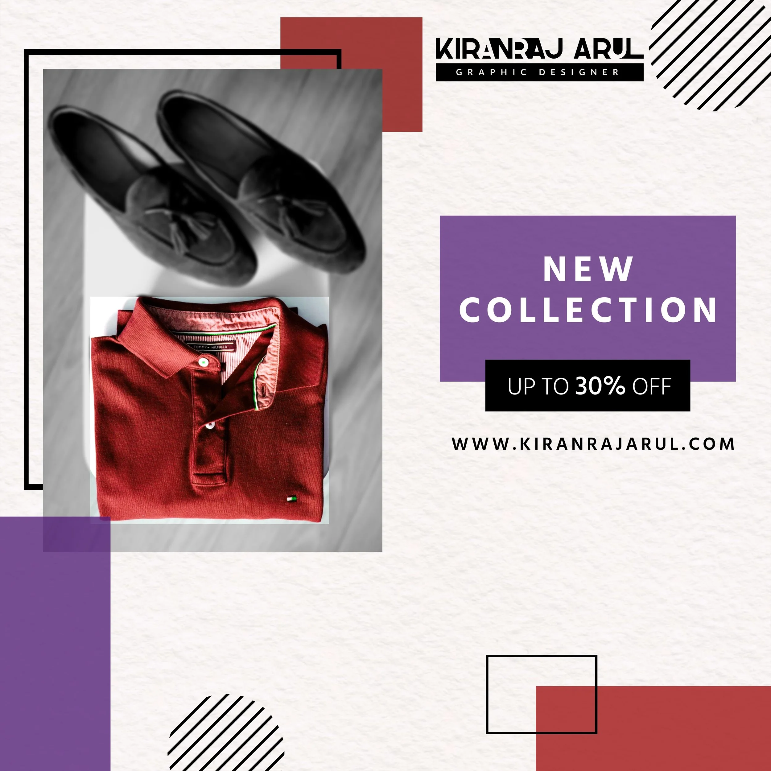 A promotional graphic for a sale featuring a pair of black shoes and a red shirt, with text indicating discounts up to 30% off, and a website link to kiranjarul.com.