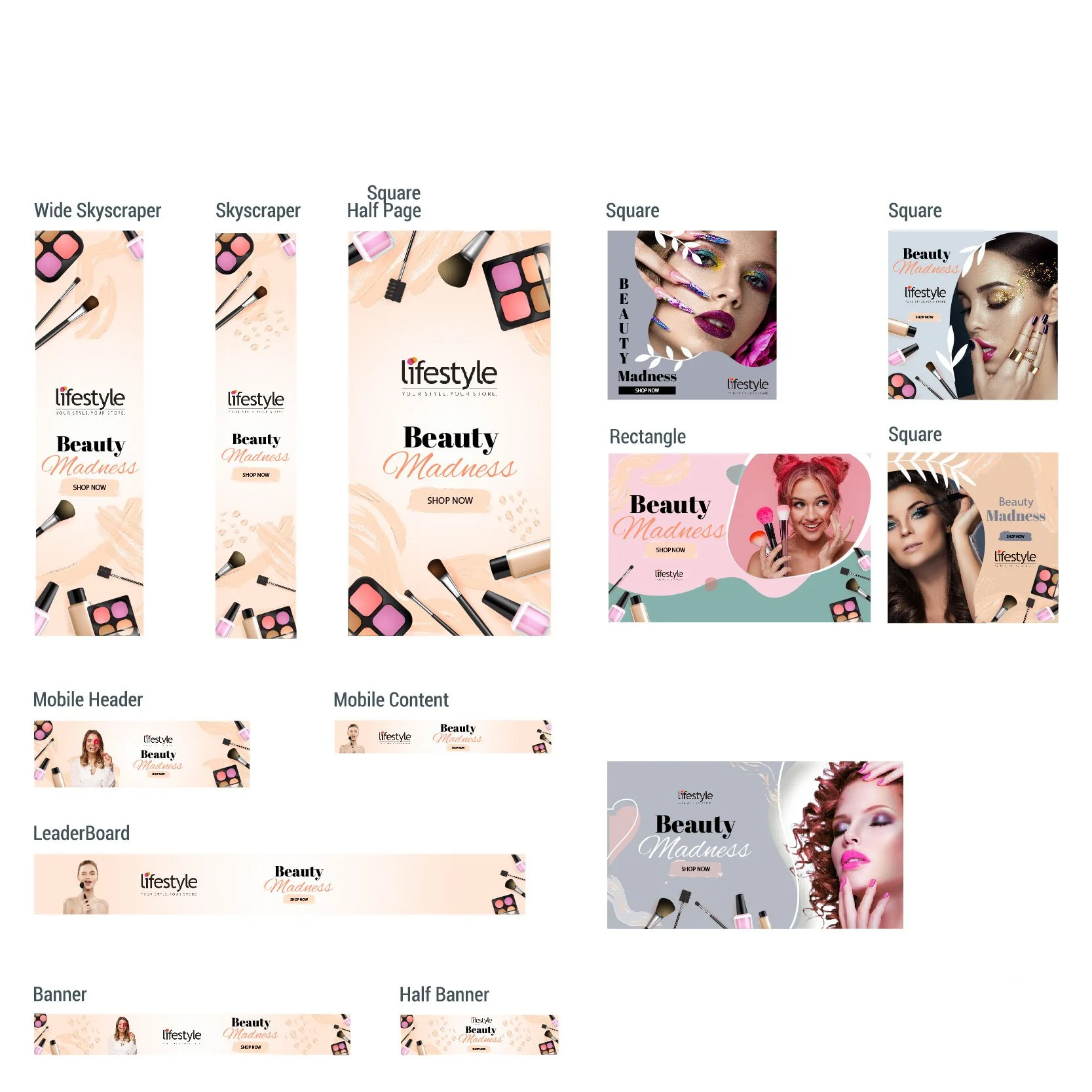 Collection of makeup and beauty promotional graphics, including banners, headers, and social media ads featuring models and cosmetic products with text "Beauty Madness" and "Shop Now".