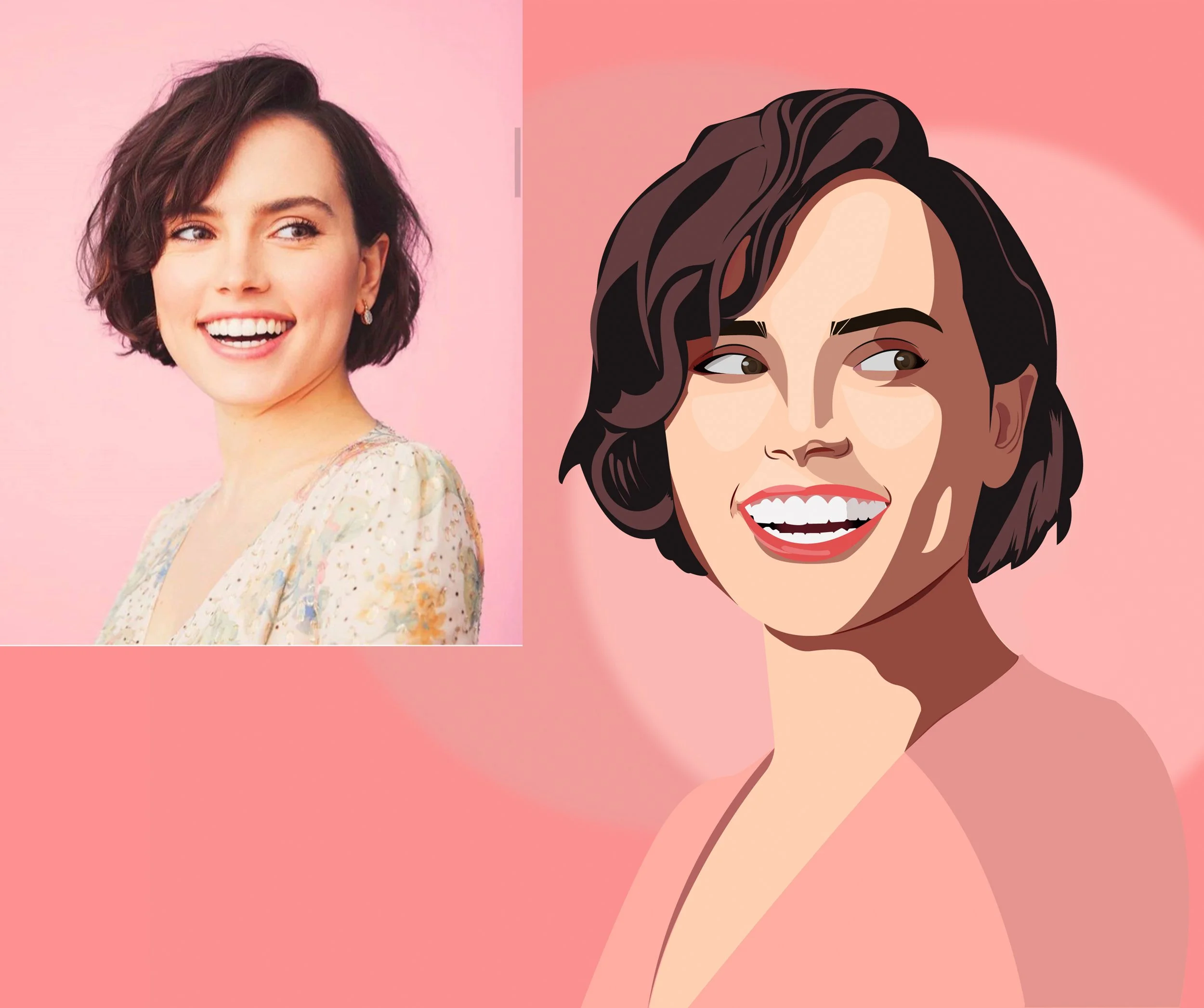 A split image with a photograph of a smiling woman with short dark brown hair on the left and a digital illustration of a woman with similar features on the right. Both are set against pink backgrounds.