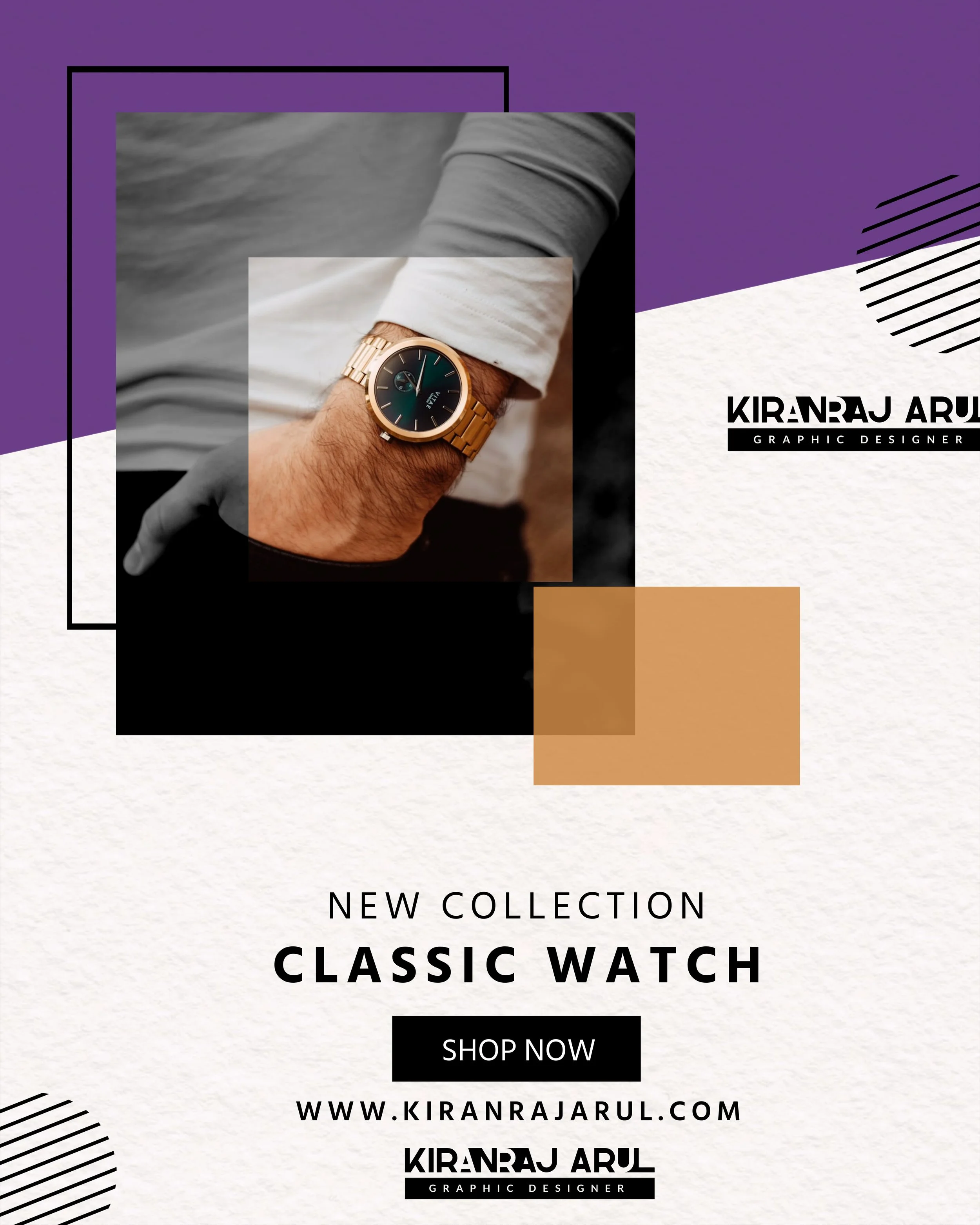 Advertisement for a new collection of classic watches featuring a close-up image of a man's wrist wearing a gold watch. The background includes purple and white color blocks with black text promoting the collection and directing to a website.