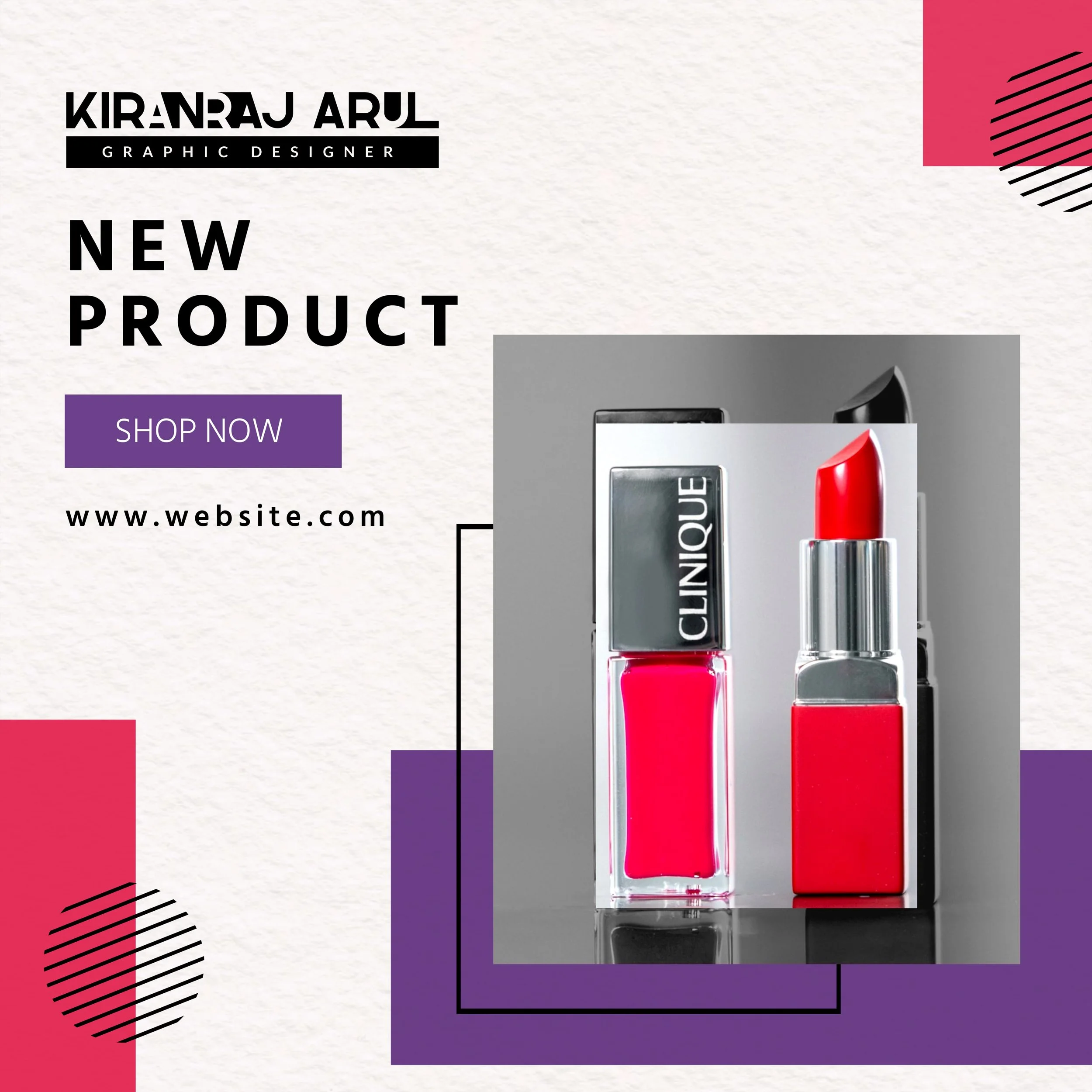 A graphic design advertisement featuring lipstick and perfume displayed on a reflective surface with colorful geometric shapes and text promoting a new product, including a website link.