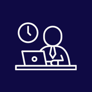 White line icon of a person working on a laptop with a clock, symbolizing remote work or time management
