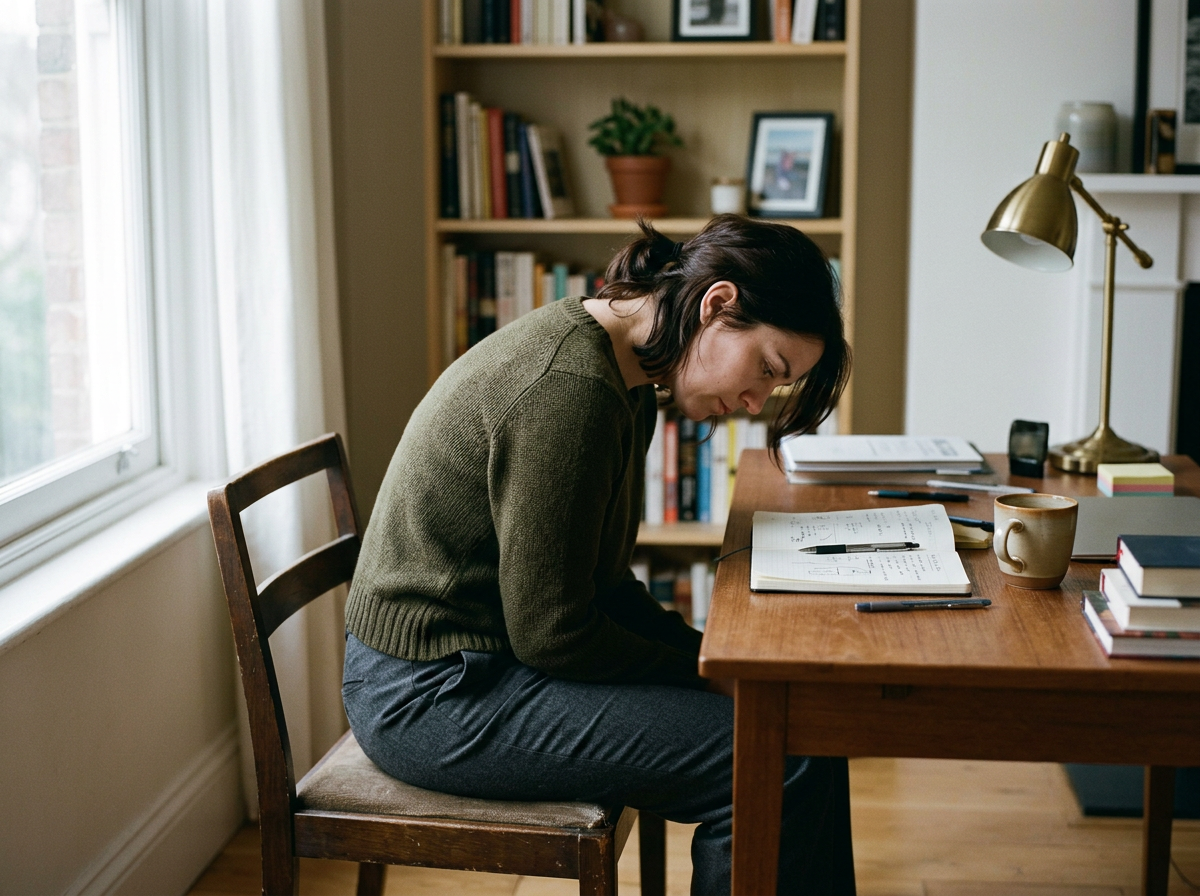 Image of a lady who is leaning over in her chair to read with poor posture.