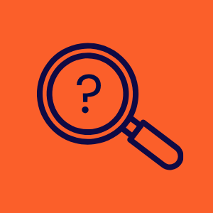 Navy magnifying glass with question mark on an orange background