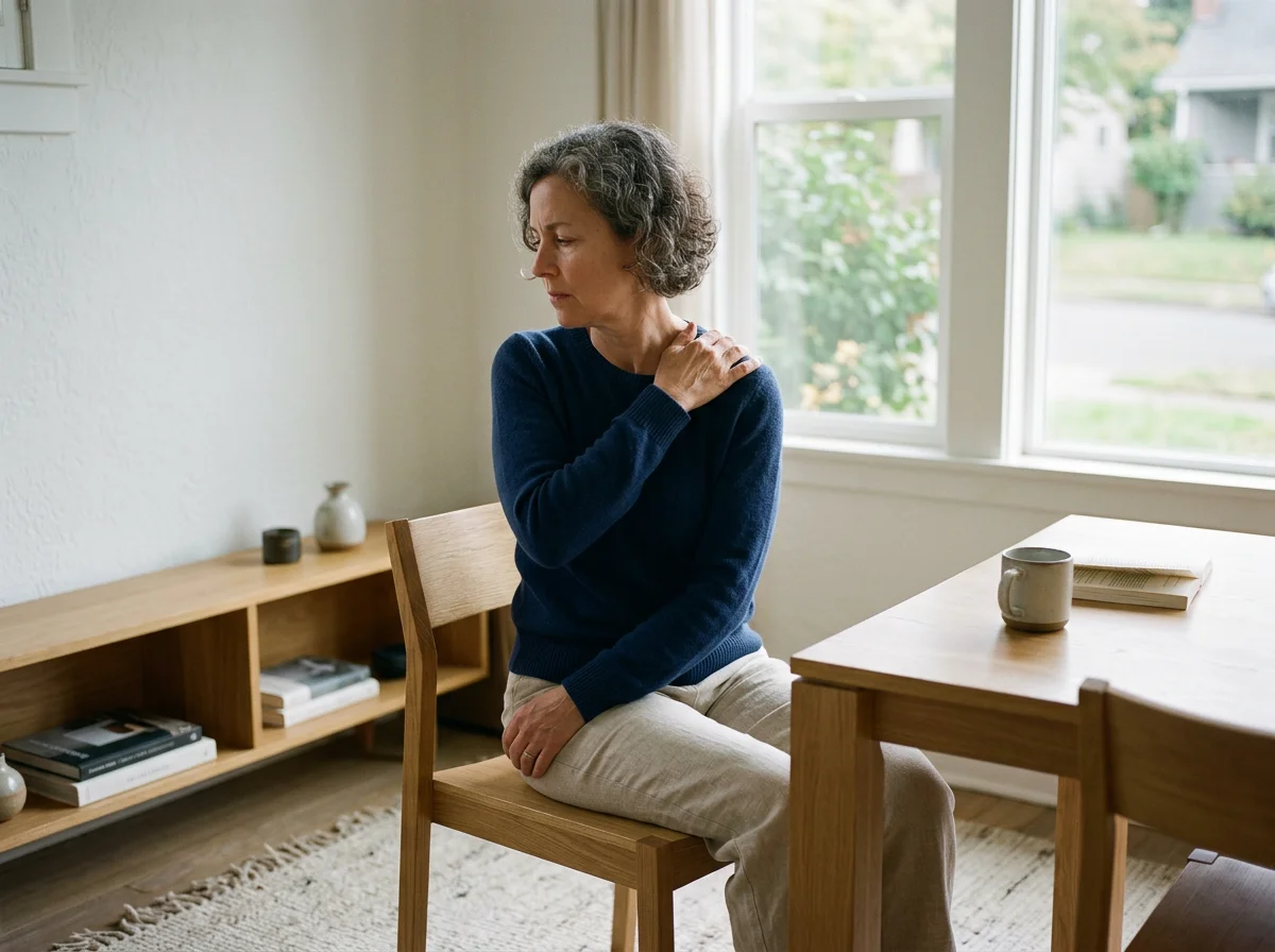 Woman seated indoors holding her shoulder in discomfort, illustrating shoulder pain and mobility issues supported by care at Vibrant Family Chiropractic.