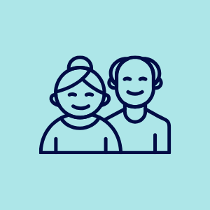 Blue line-art illustration of a smiling woman and man on a light turquoise background