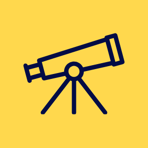 Blue telescope on a tripod against a yellow background