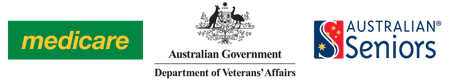 Image of three logos. Medicare, Australian Government Department of Veterans' Affairs and Australian Seniors