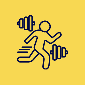 Blue stylized athlete running with dumbbells on a yellow background