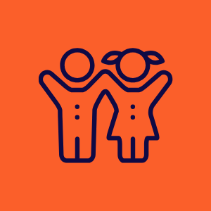Blue line icon of two people with raised arms on an orange background