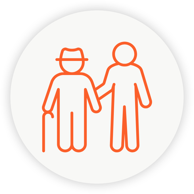 Icon of person helping elderly person walk.
