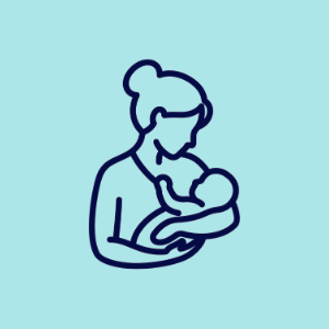 Navy blue line drawing of a mother holding and breastfeeding a baby on a light turquoise background