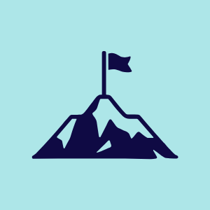Stylized dark blue mountain with snow-capped peaks and a flag on a light blue background