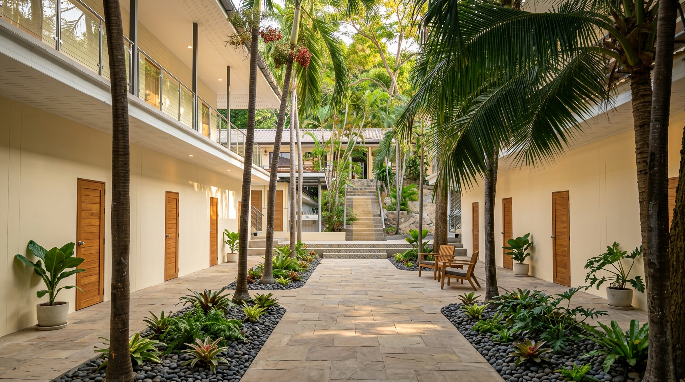 An outdoor courtyard with tropical plants, including palm trees, potted plants, and landscaped greenery, surrounded by a modern building with wooden doors and a seating area with benches.