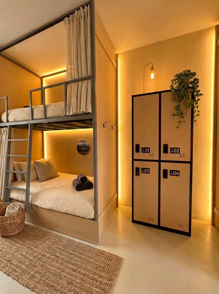 A cozy room featuring a bunk bed with curtains on the top bunk, a double bed below with rolled towels and a pillow, woven basket on the floor, a small round wall decoration, and a locker with four compartments numbered 01 through 04. There is a hanging light and a potted plant on top of the lockers, with warm lighting creating a comfortable atmosphere.