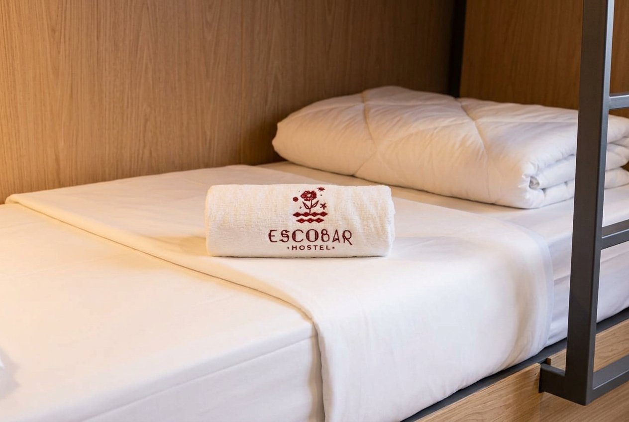 A neatly made bed with white sheets and a rolled towel embroidered with 'Escobar Hostel' resting on top. Behind the towel are two pillows against a wooden headboard.