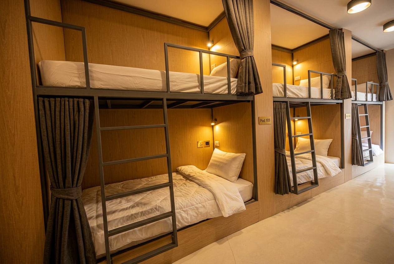 A hallway with three wooden cluster rooms, each with a bunk bed and a ladder, divided by curtains and equipped with small wall lamps.