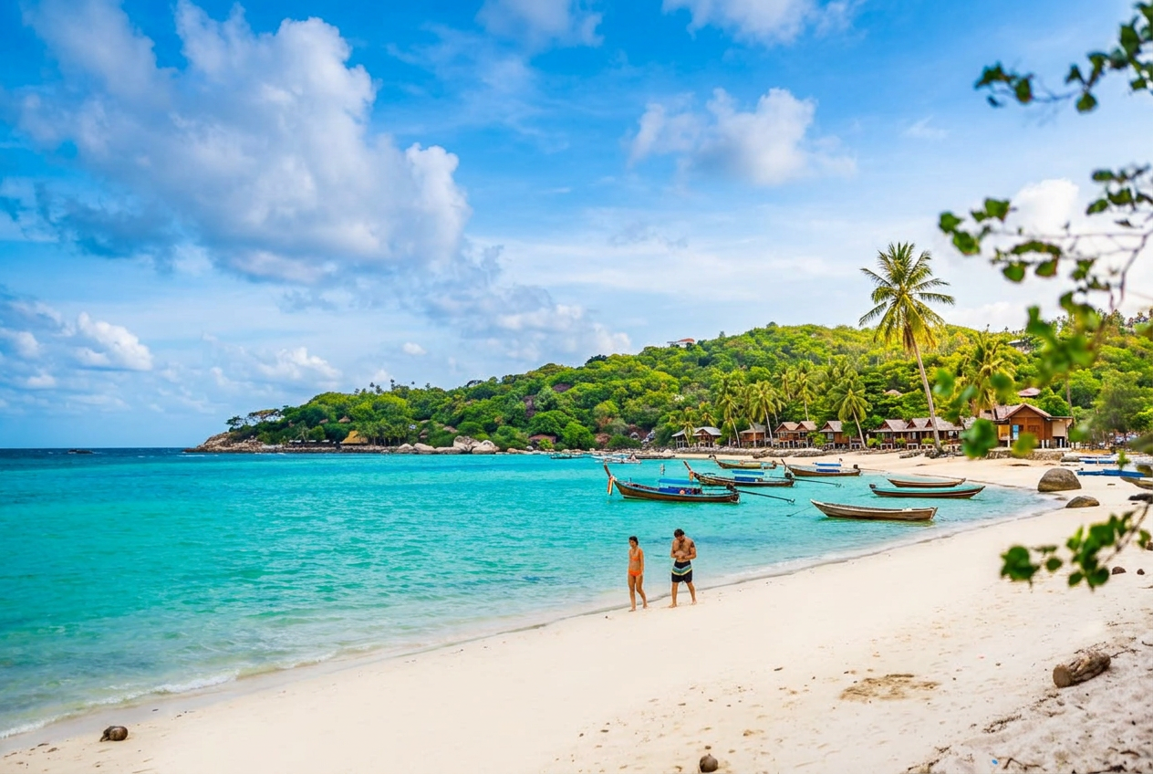 A tropical beach with white sand, turquoise water, and a lush green hill in the background. Several boats are anchored along the shoreline, and two people are walking near the water's edge. There are small huts and trees, including a tall palm tree, on the beach and along the hill.