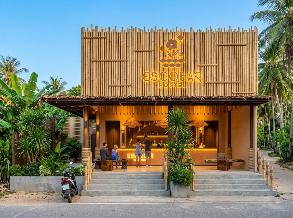 Exterior of a tropical hostel named 'Escobar Hostel' with a bamboo facade and neon sign, surrounded by palm trees and lush greenery, with a small group of people at the reception desk, a scooter parked in front, and a sandy pathway to the right.