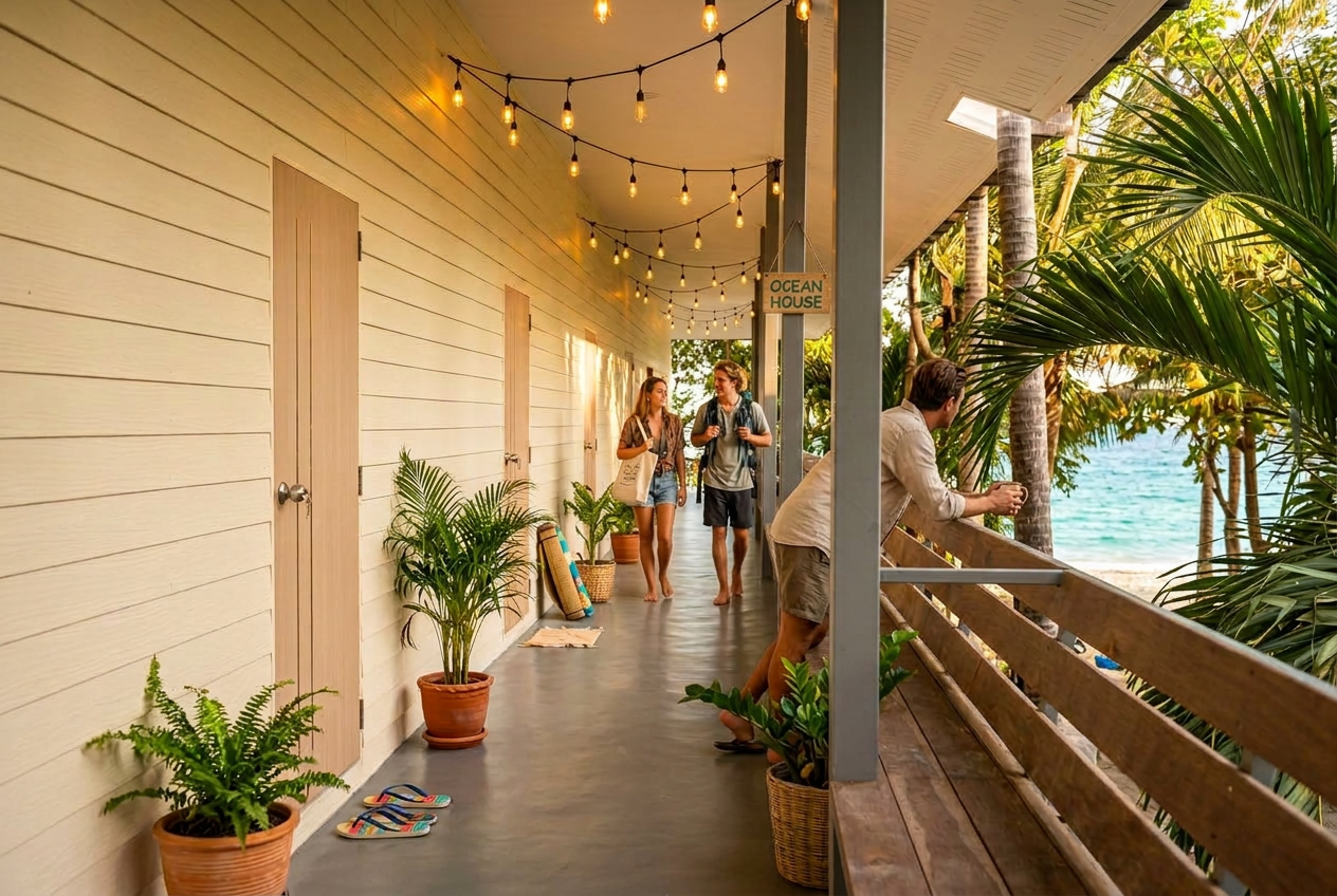 People are walking and talking on a porch with a view of the ocean. The porch has hanging string lights, potted plants, and wooden railings. A sign reads 'Ocean House'.