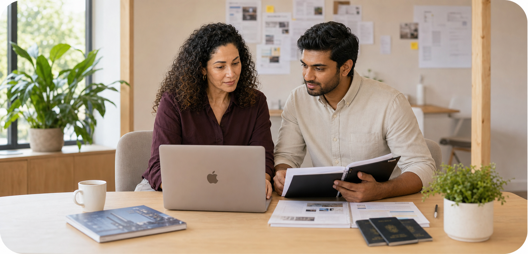 Words N Immigration team reviewing SOP writing, visa support documents, university materials, and student application files on a MacBook.