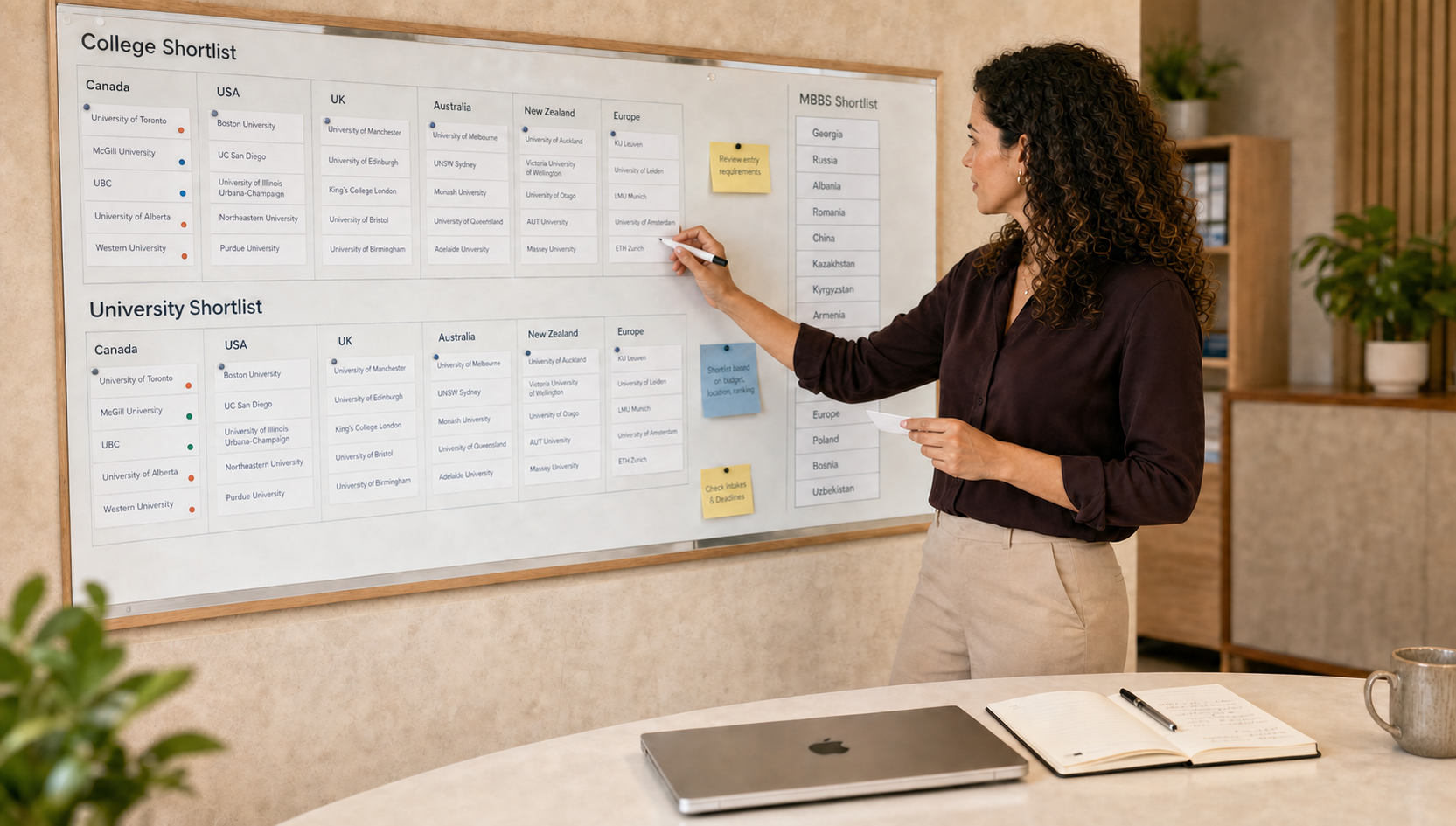 Woman pointing at a large college shortlist chart on a whiteboard in an office or classroom setting.