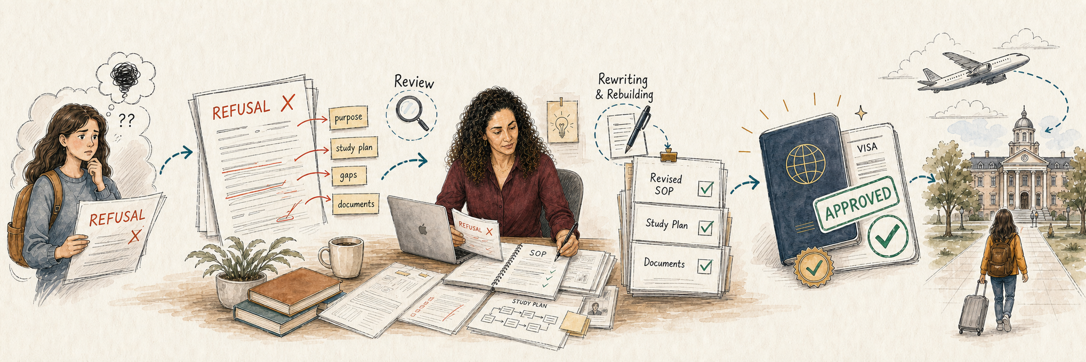 Illustration of a woman at a desk reviewing an application process for studying abroad. The process includes refusal, review, rewriting, and approval stages, culminating in an approved visa and travel to a university. A worried girl with a backpack is shown on the left, and an airplane heading to a campus is depicted on the right.