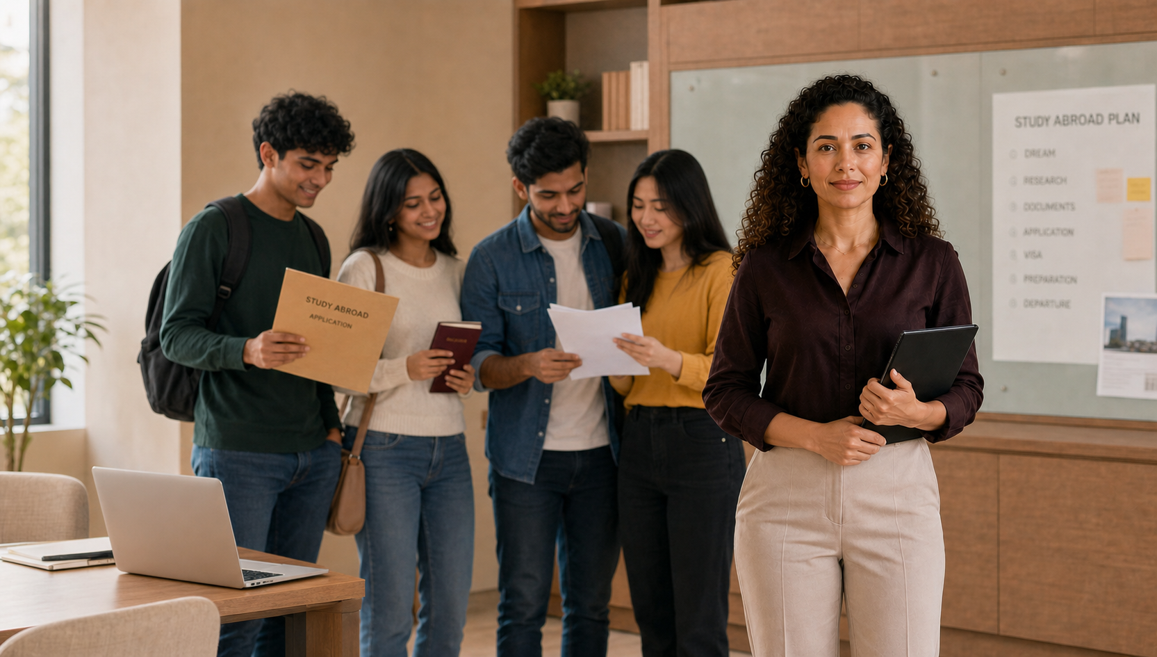 SOPCanada consultant with students reviewing SOP, visa, and university application documents for overseas education support.