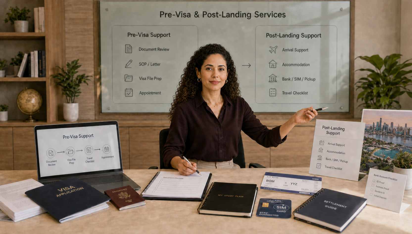 Woman at a desk with support information on pre-visa and post-landing services on a whiteboard and digital screen, surrounded by travel documents, books, and plants.