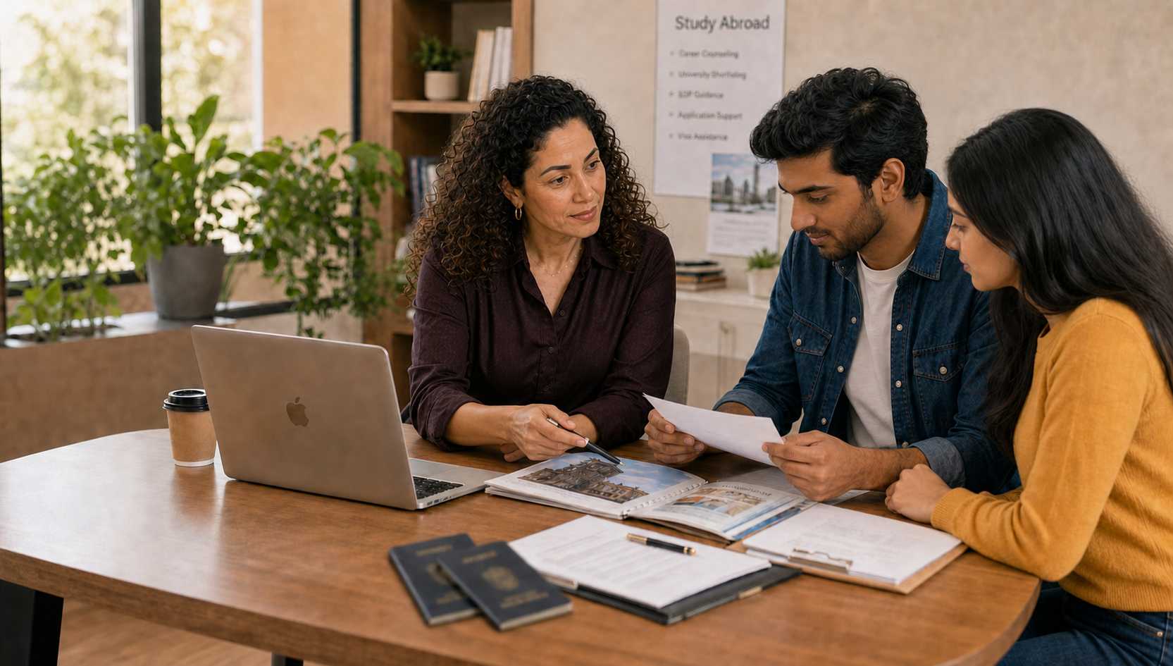SOPCanada consultant advising two students during an SOP and visa consultation, reviewing application documents, university materials, and Indian passports on the table.