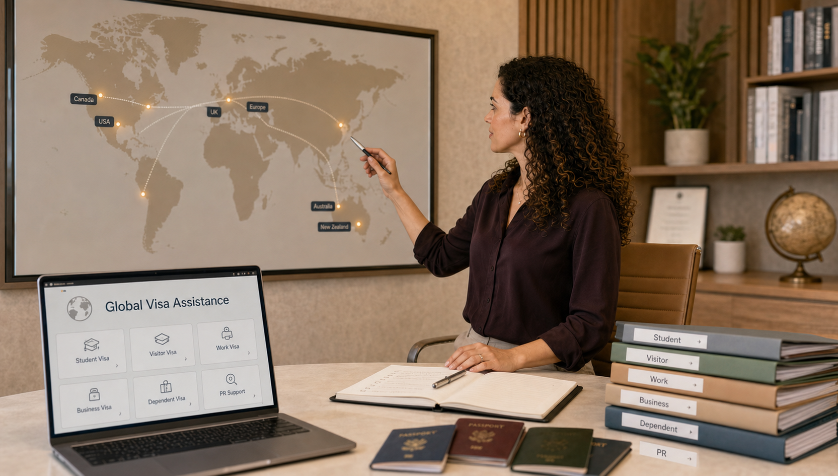 SOPCanada reviewing global visa options on a world map with passports, application folders, and visa categories for student, visitor, work, business, dependent, and PR support.