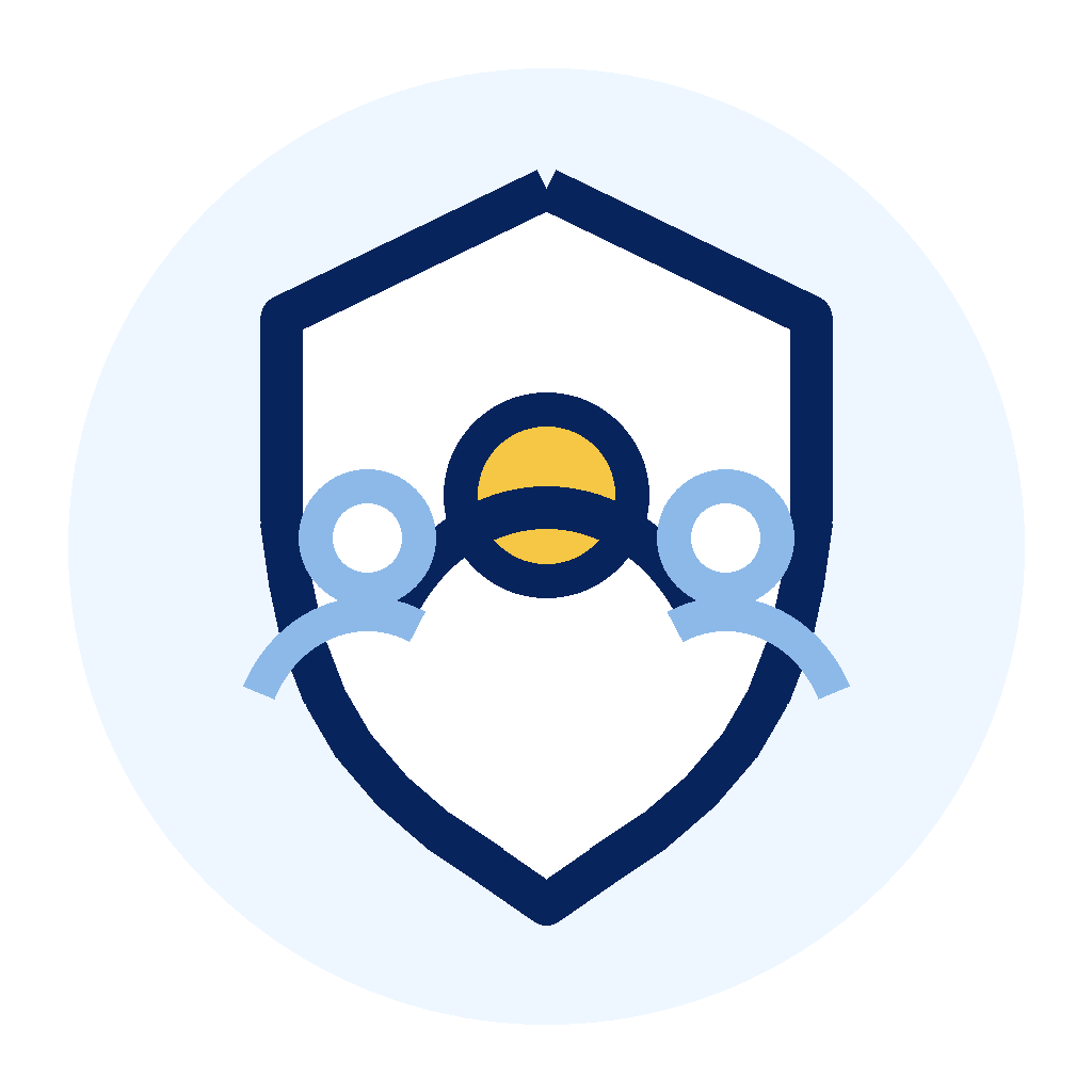 Icon of a shield with two stylized people wearing face masks, symbolizing health and safety.