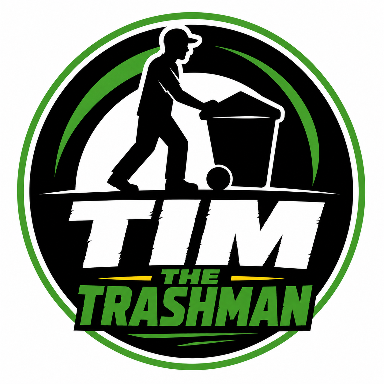 Logo with a silhouette of a person pushing a trash bin on a skateboard, surrounded by black, green, and white circular design, with the words "TIM THE TRASHMAN" in bold letters.