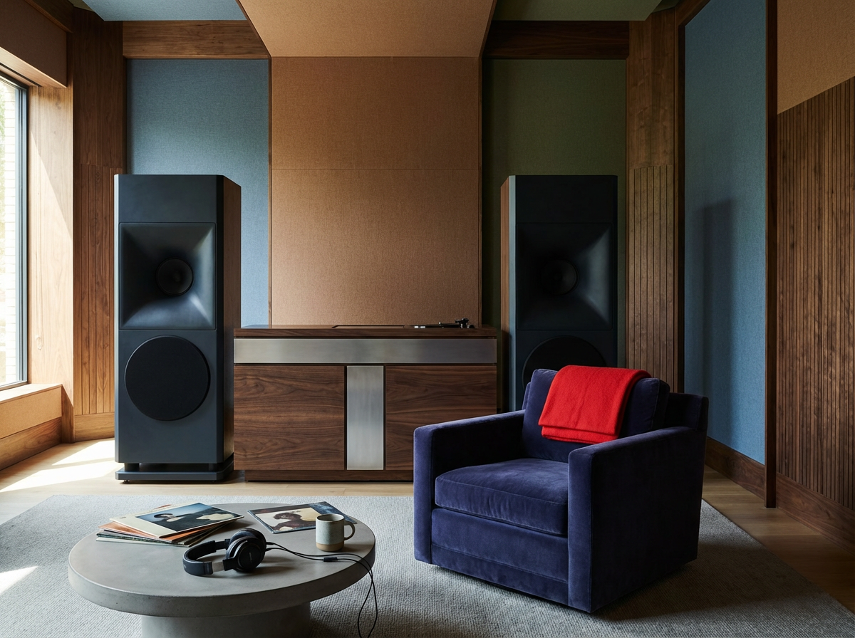A cozy listening room with two large black speakers, a wooden cabinet, a blue armchair with a red blanket, a round coffee table with magazines, headphones, and a mug, and a window letting in natural light.