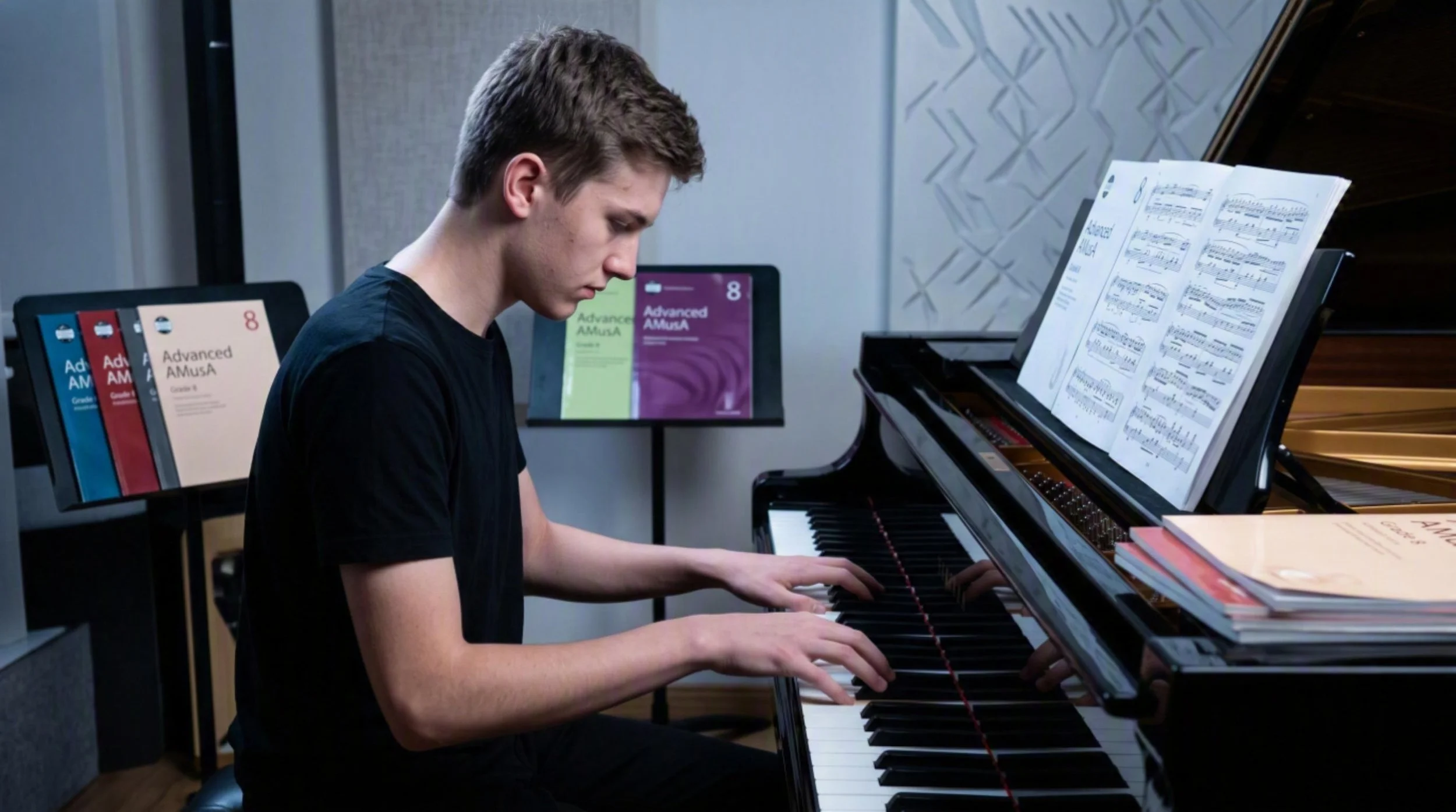 A young man playing a grand piano in a music room with sheet music on the stand and colorful 'Advanced AMuSA' books on a chair nearby.