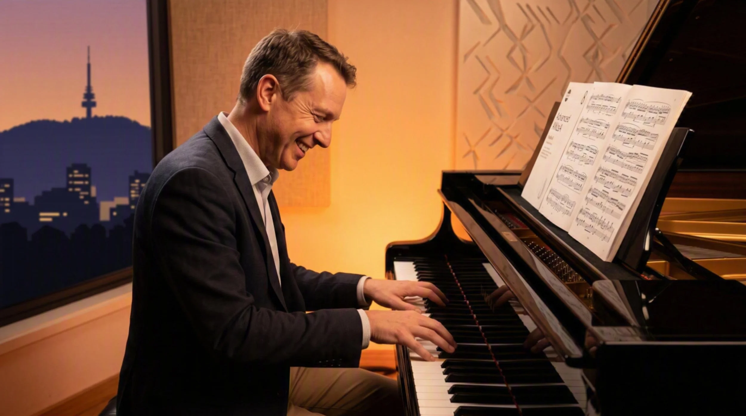 A man in a suit playing a grand piano with sheet music, smiling and looking down, in a room with warm lighting and a cityscape view outside the window.