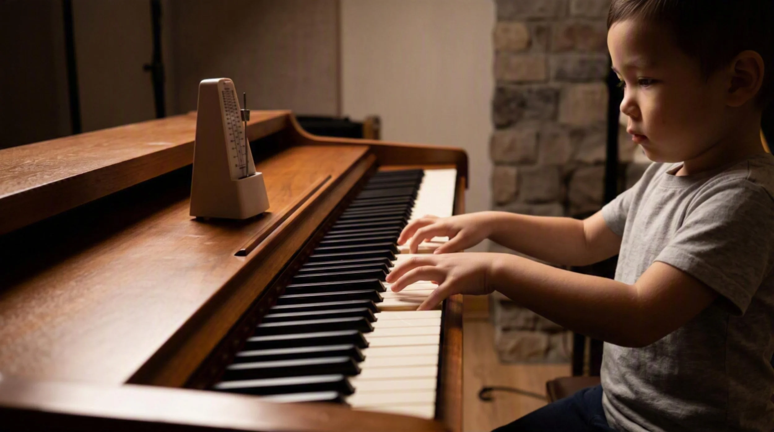 A young boy playing a wooden piano with a metronome on top, in a cozy room with brick wall accents.