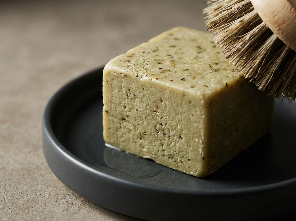 A rectangular bar of greenish soap with herbs or spices, on a black dish, with a wooden brush brushing over it.