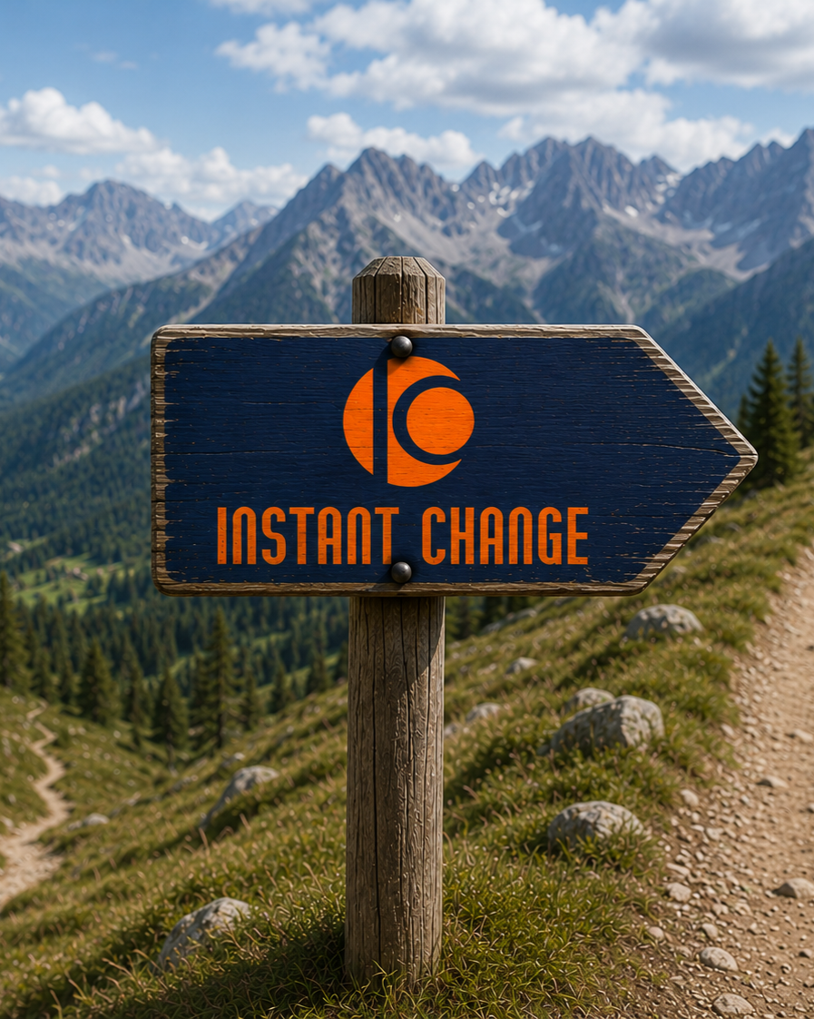 Wegweiser mit der Aufschrift 'INSTANT CHANGE' in einer bergigen Landschaft mit Wanderpfad, Bäumen und Bergen im Hintergrund.