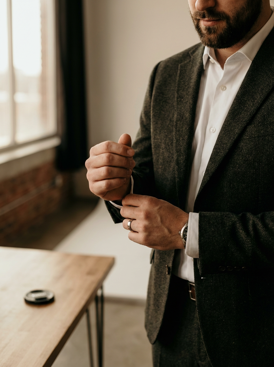 Uomo in abito grigio che sistema i polsini delle maniche di una camicia bianca in un ambiente interno con luce naturale