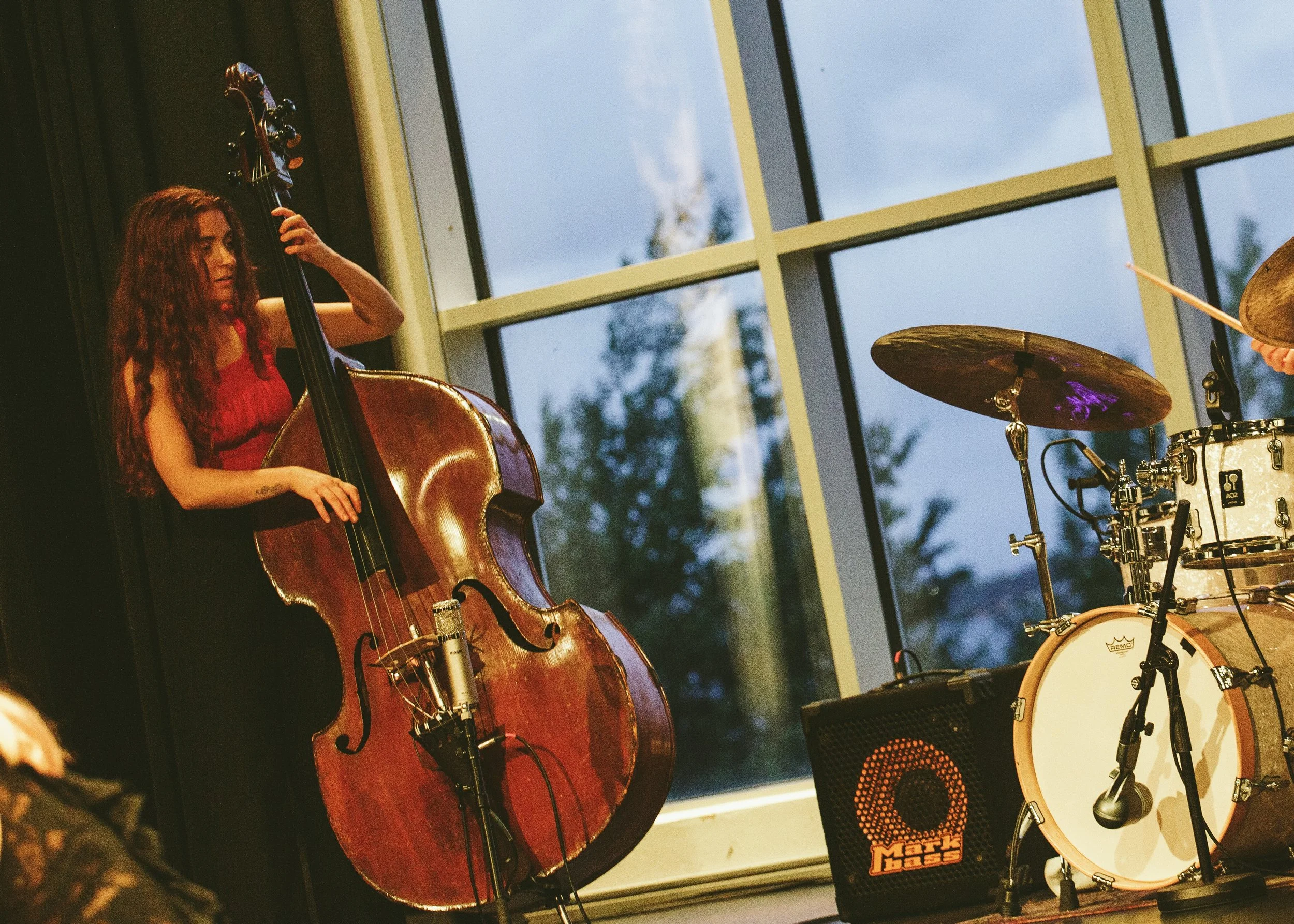 A woman with long curly hair playing a double bass, with a drum set and an amplifier nearby, indoors with large windows showing trees and a cloudy sky outside.