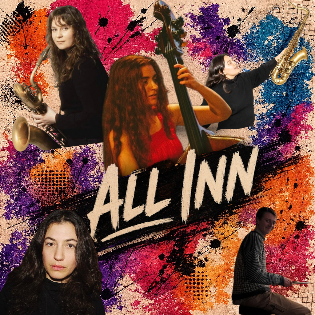 Collage of five women playing musical instruments against a colorful paint splatter background with the words 'ALL INN' in bold white letters.