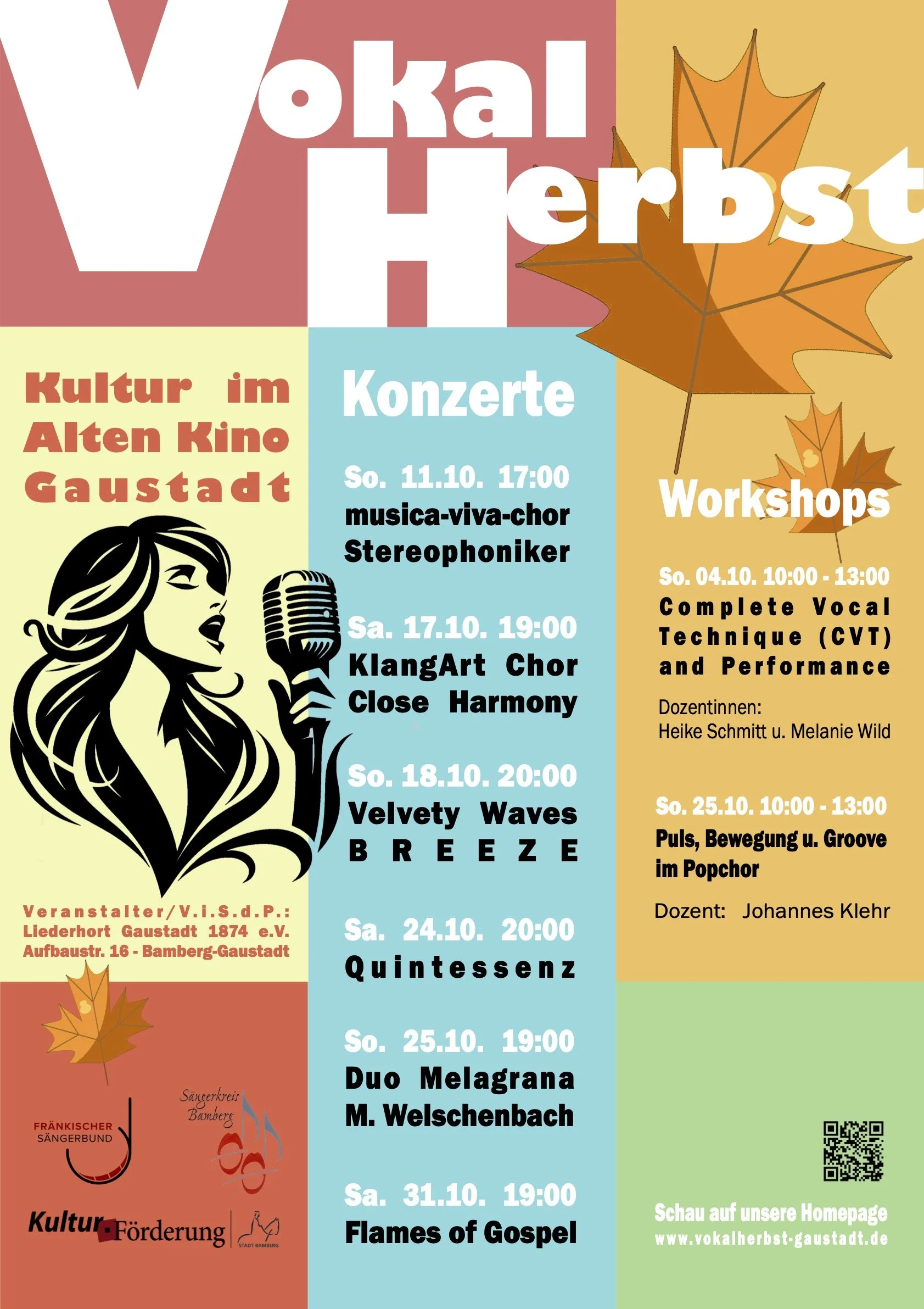 Ein buntes Poster mit Herbstlaub und Text zu Musik-Workshops und Konzerten im Oktober in Gau Saint mit Angaben zu Terminen, Uhrzeiten und Dozenten.