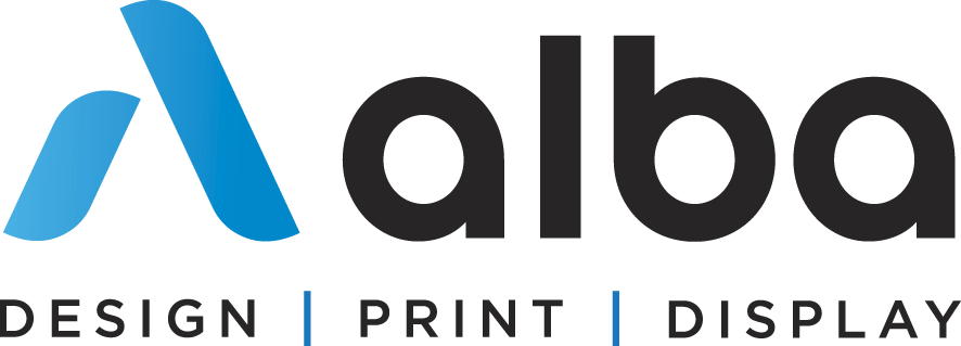 Alba logo with stylized blue 'A' and black text reading 'alba' with smaller text below saying 'Design | Print | Display'.