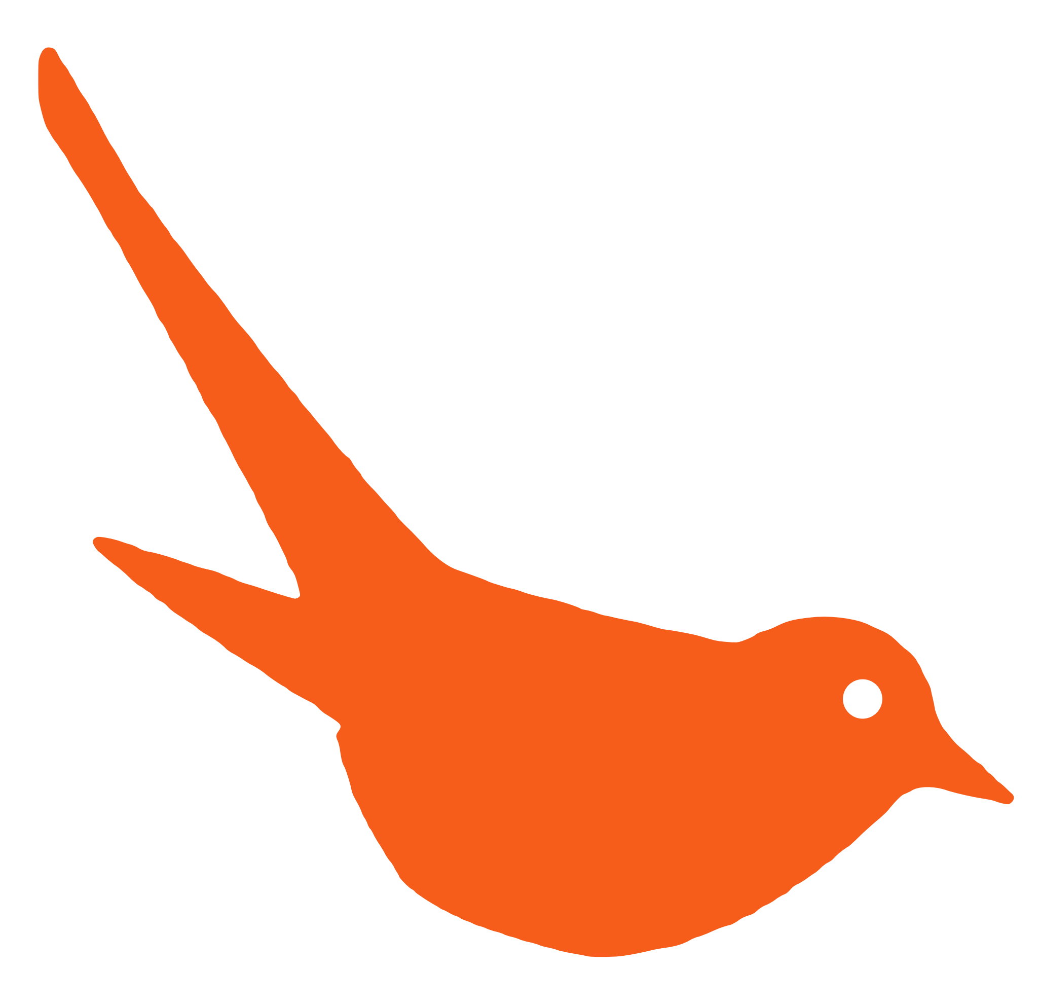 Orange and black graphic design with a stylized swoosh or flame shape.