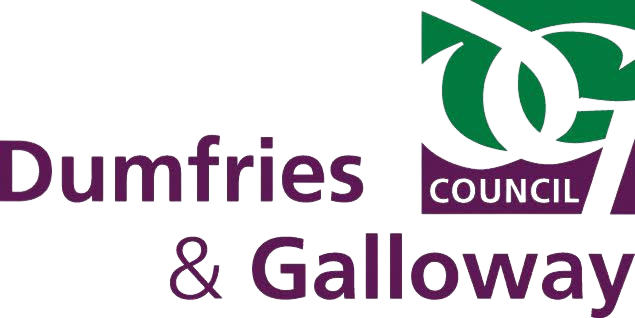 Logo for Dumfries and Galloway Council with green and purple design elements.