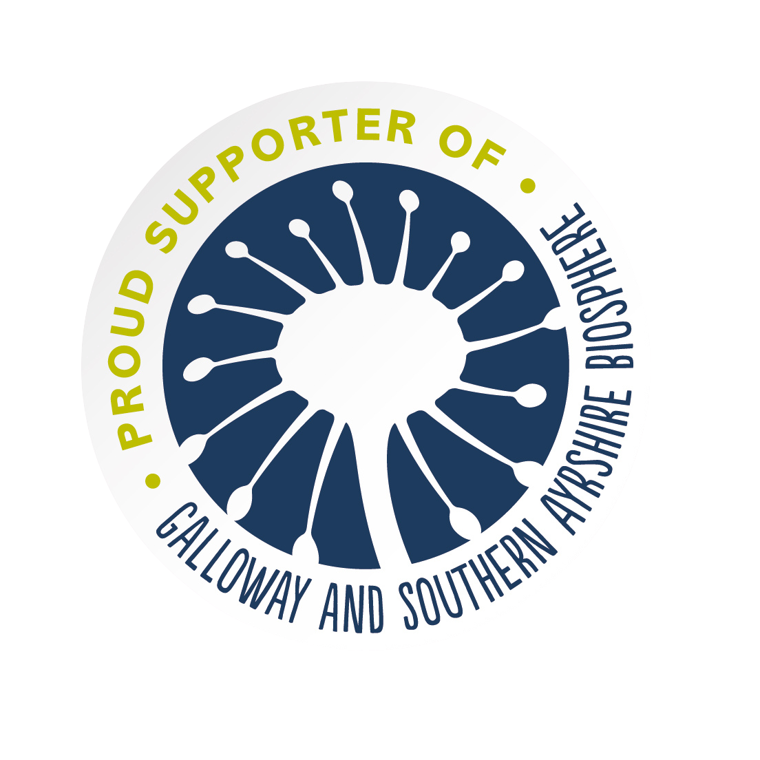 Sticker or badge with a circular design, featuring a stylized neuron and the text 'Proud Supporter of Galloway and Southern Appalachian Biosphere' around the circle.