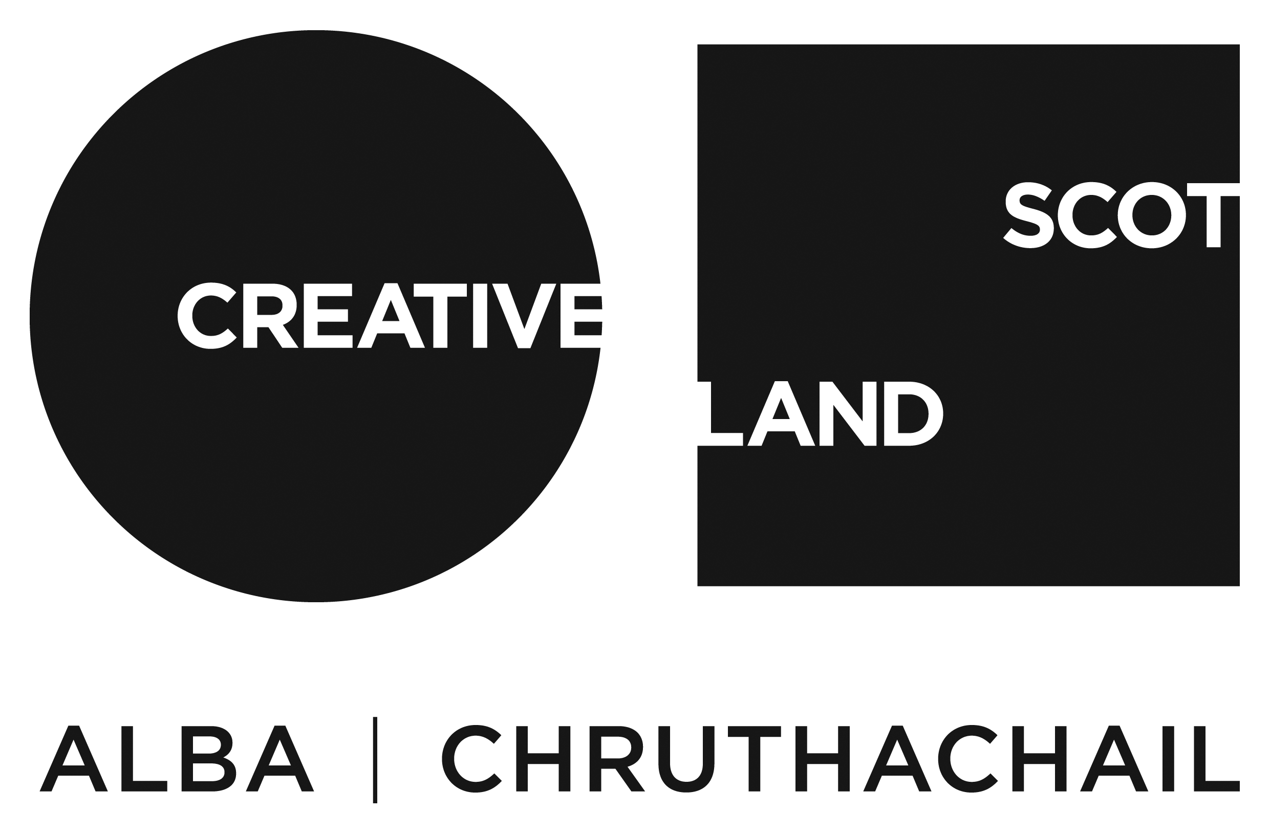 Black and gray graphic logo with text stating 'Creative Scotland' on a dark background, featuring a large circular design.