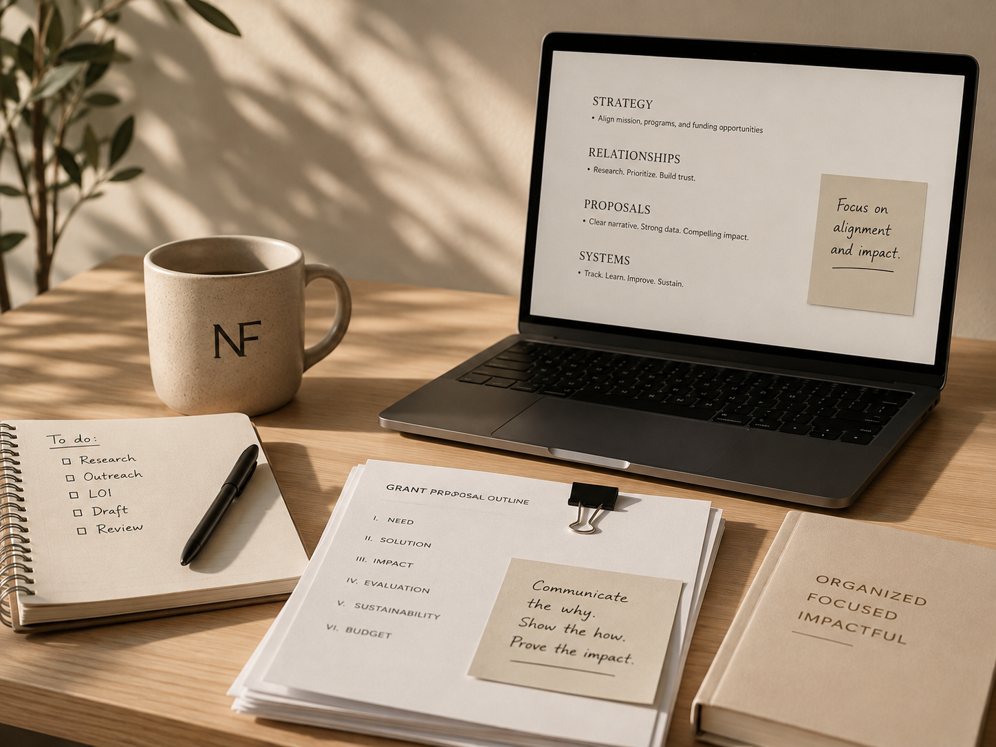 A workspace with a laptop displaying a presentation on strategy, relationships, proposals, and systems; a notebook with a to-do list; a pen; a clipboard with a grant proposal outline; a beige book titled "Organized Focused Impactful"; a ceramic mug with initials "NF"; and a potted plant in the background.
