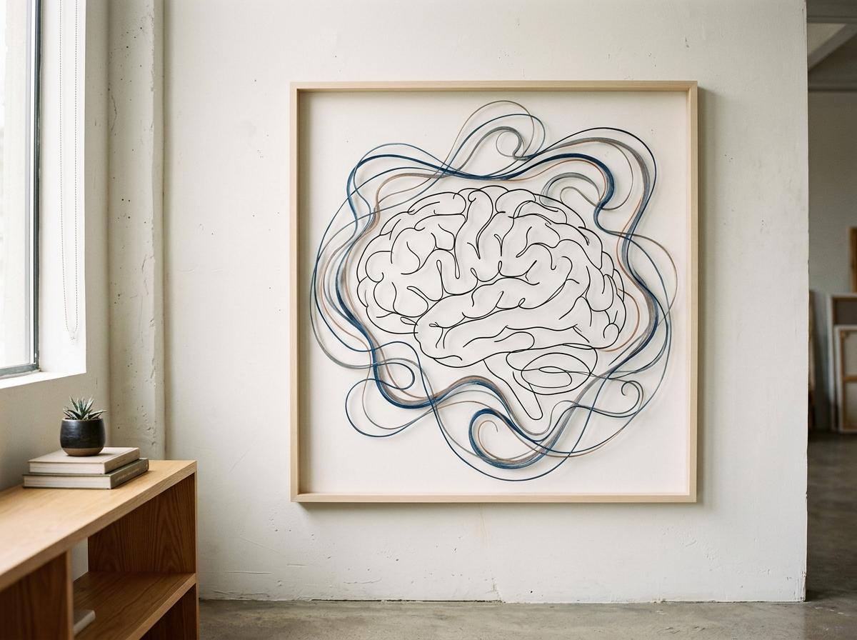 A framed artwork of a brain outline with swirling lines around it displayed on a white wall in a gallery or art space.